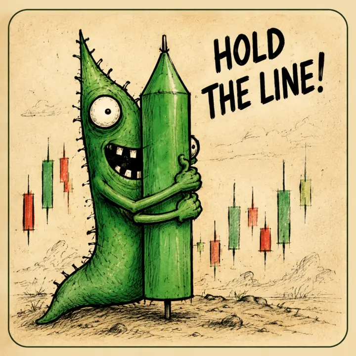 Wick hugging a green candle: Hold the line!