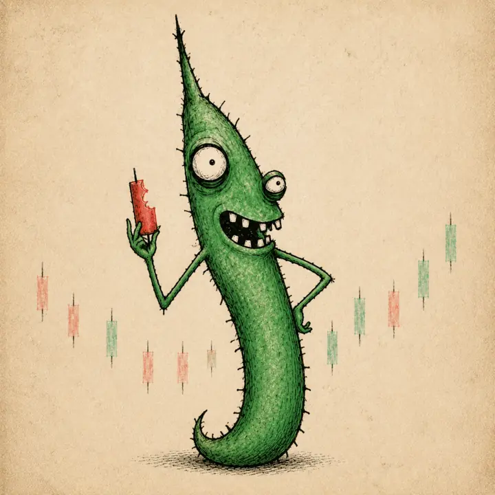 Wick, the green WickWorm character, holding a bitten red candle